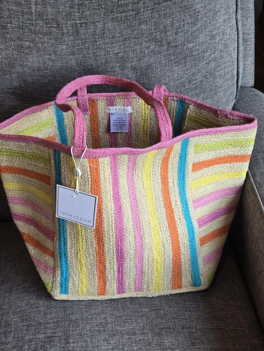 SHIRALEAH Chicago Jute Tote Bag with Pink Stripes